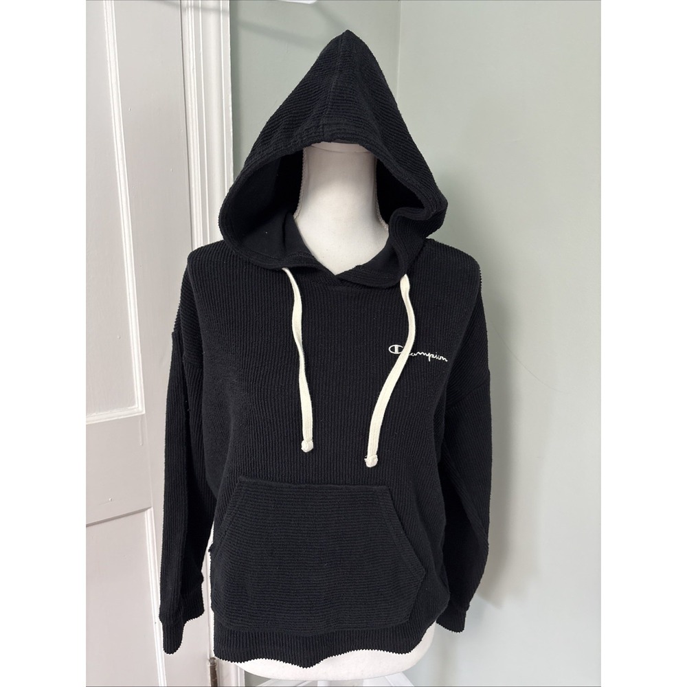 Champion Thermal Hoodie Black Ribbed Athletic Womens Size Small Cropped